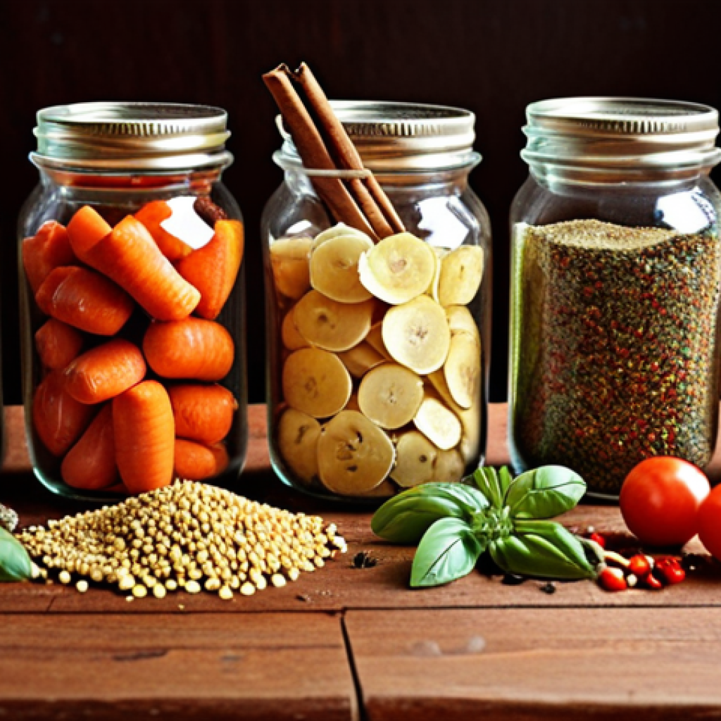 **

Close-up of a variety of colorful dried fruits and vegetables (apples, carrots, tomatoes) arranged in glass jars and on a wooden table. Spices like cinnamon sticks, basil, and oregano are scattered around. Focus on the textures and vibrant colors.

**