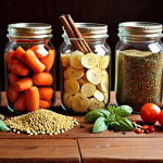 **

Close-up of a variety of colorful dried fruits and vegetables (apples, carrots, tomatoes) arranged in glass jars and on a wooden table. Spices like cinnamon sticks, basil, and oregano are scattered around. Focus on the textures and vibrant colors.

**