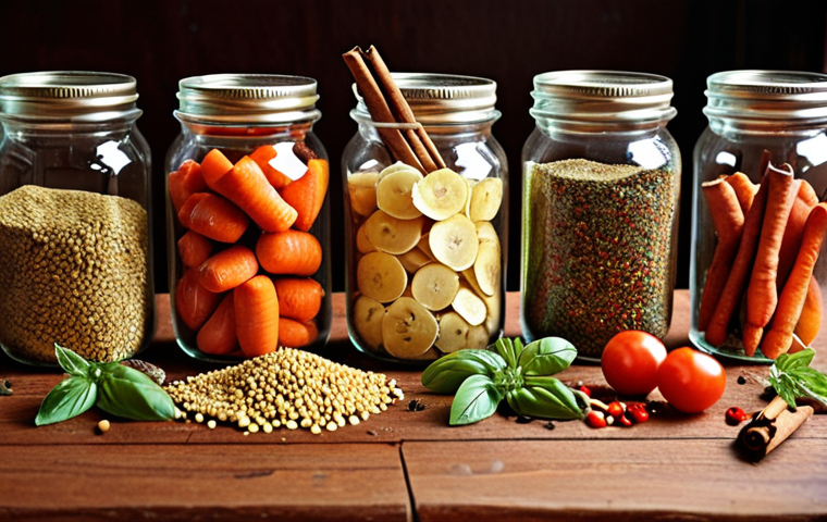 **

Close-up of a variety of colorful dried fruits and vegetables (apples, carrots, tomatoes) arranged in glass jars and on a wooden table. Spices like cinnamon sticks, basil, and oregano are scattered around. Focus on the textures and vibrant colors.

**