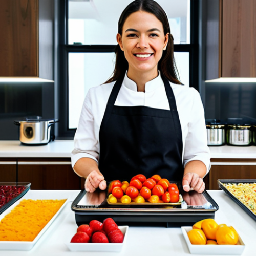 A skilled home cook, fully clothed in modest professional attire, stands proudly beside a modern electric food dehydrator in a bright, organized kitchen. Around them, clear glass jars overflow with an abundant display of vibrantly colored dried fruits like apples and strawberries, and dried vegetables such as tomatoes and mushrooms, showcasing concentrated flavors and intense aromas. The atmosphere conveys culinary freedom and satisfaction. Professional photography, high quality, perfect anatomy, correct proportions, natural pose, well-formed hands, proper finger count, natural body proportions, safe for work, appropriate content, fully clothed, family-friendly.