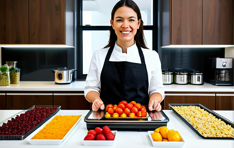 A skilled home cook, fully clothed in modest professional attire, stands proudly beside a modern electric food dehydrator in a bright, organized kitchen. Around them, clear glass jars overflow with an abundant display of vibrantly colored dried fruits like apples and strawberries, and dried vegetables such as tomatoes and mushrooms, showcasing concentrated flavors and intense aromas. The atmosphere conveys culinary freedom and satisfaction. Professional photography, high quality, perfect anatomy, correct proportions, natural pose, well-formed hands, proper finger count, natural body proportions, safe for work, appropriate content, fully clothed, family-friendly.
