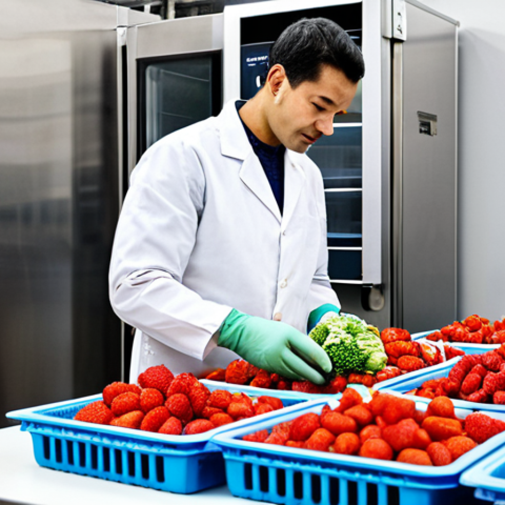 A professional, modern food processing facility interior with advanced drying technology. The centerpiece is a state-of-the-art industrial freeze-dryer (lyophilizer) featuring intricate piping, digital displays, and integrated sensors, showcasing a high-precision process. In the foreground, a close-up of vibrant, perfectly preserved dried fruits like whole strawberries and sliced kiwis, alongside crisp vegetable pieces such as broccoli florets and bell peppers, are elegantly displayed in transparent, sealed packaging. The setting emphasizes the high quality, intact nutritional value, and natural colors achieved through advanced drying. A professional, fully clothed, and appropriately attired technician is observing the process, ensuring correct proportions and natural pose. Safe for work, appropriate content, modest clothing, family-friendly, perfect anatomy, well-formed hands, proper finger count, natural body proportions, professional photography, high resolution.