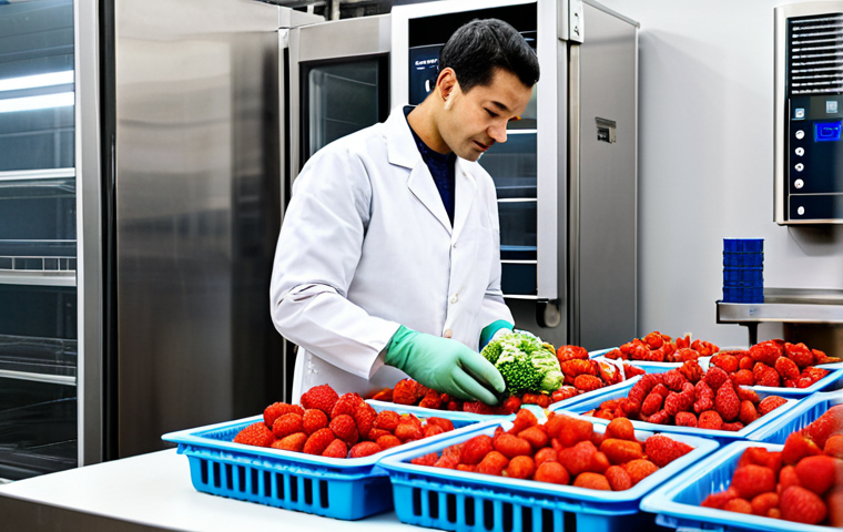 A professional, modern food processing facility interior with advanced drying technology. The centerpiece is a state-of-the-art industrial freeze-dryer (lyophilizer) featuring intricate piping, digital displays, and integrated sensors, showcasing a high-precision process. In the foreground, a close-up of vibrant, perfectly preserved dried fruits like whole strawberries and sliced kiwis, alongside crisp vegetable pieces such as broccoli florets and bell peppers, are elegantly displayed in transparent, sealed packaging. The setting emphasizes the high quality, intact nutritional value, and natural colors achieved through advanced drying. A professional, fully clothed, and appropriately attired technician is observing the process, ensuring correct proportions and natural pose. Safe for work, appropriate content, modest clothing, family-friendly, perfect anatomy, well-formed hands, proper finger count, natural body proportions, professional photography, high resolution.
