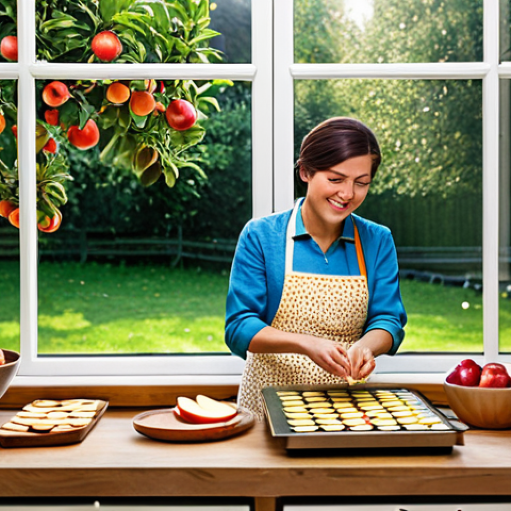 Cozy Kitchen Scene**
"A brightly lit, warm and inviting kitchen scene with a woman wearing an apron and a modest, floral-patterned dress, carefully arranging sliced apples on a dehydrator tray. The dehydrator is on a wooden countertop next to a spice rack filled with jars of cinnamon and other spices. In the background, a window overlooks a garden with fruit trees. Safe for work, appropriate content, fully clothed, professional photography, perfect anatomy, natural proportions, family-friendly, showcasing the traditional method of fruit drying."
**