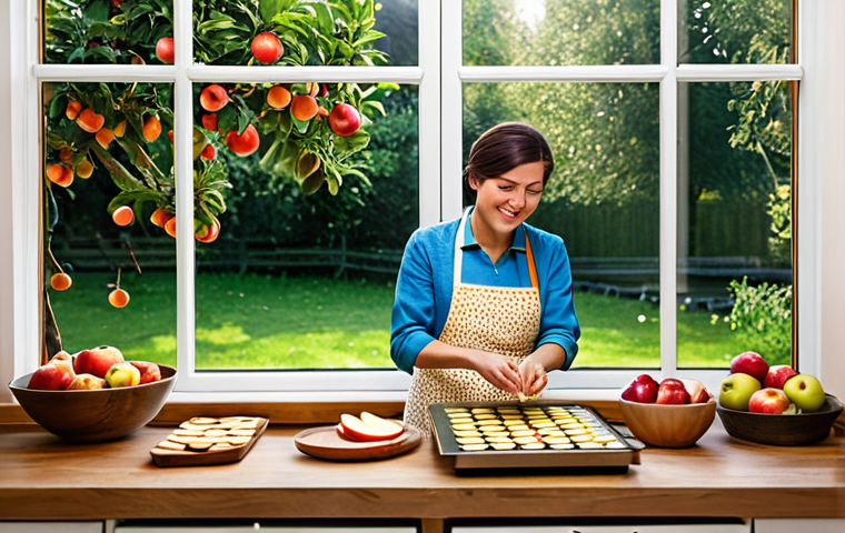 Cozy Kitchen Scene**
"A brightly lit, warm and inviting kitchen scene with a woman wearing an apron and a modest, floral-patterned dress, carefully arranging sliced apples on a dehydrator tray. The dehydrator is on a wooden countertop next to a spice rack filled with jars of cinnamon and other spices. In the background, a window overlooks a garden with fruit trees. Safe for work, appropriate content, fully clothed, professional photography, perfect anatomy, natural proportions, family-friendly, showcasing the traditional method of fruit drying."
**