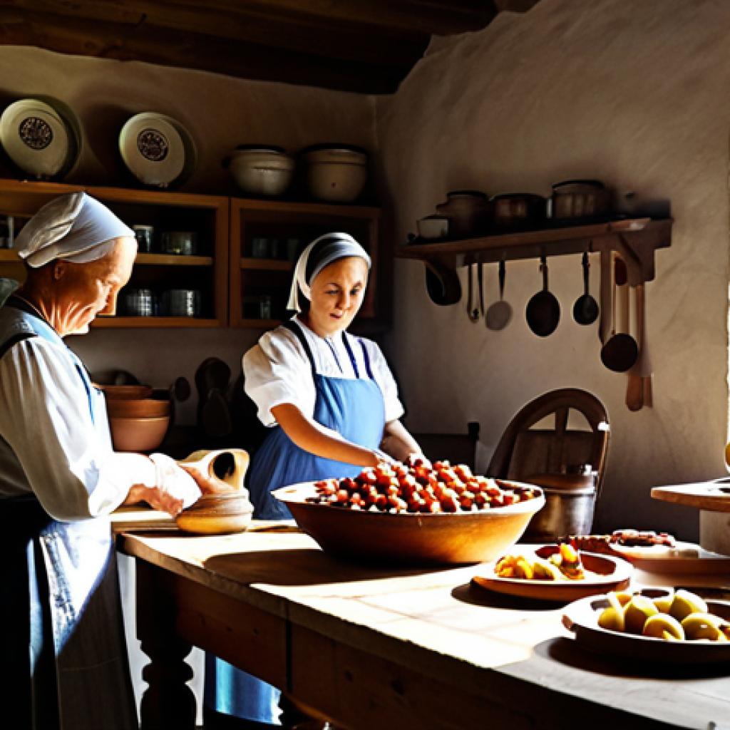 건조 식품의 지역별 제조 기술 차이 - "A Polish farmhouse kitchen interior, displaying jars filled with dried apples and plums, sunlight s...