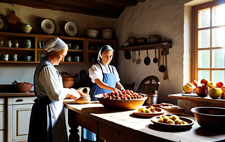 건조 식품의 지역별 제조 기술 차이 - "A Polish farmhouse kitchen interior, displaying jars filled with dried apples and plums, sunlight s...