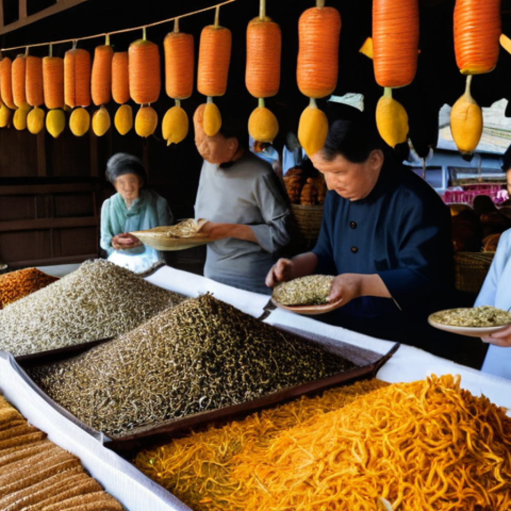 정통 한국식 건조 식품 제조법 - **Prompt:** "A vibrant, outdoor traditional Korean market stall, brimming with various dried culinar...