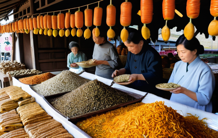 정통 한국식 건조 식품 제조법 - **Prompt:** "A vibrant, outdoor traditional Korean market stall, brimming with various dried culinar...