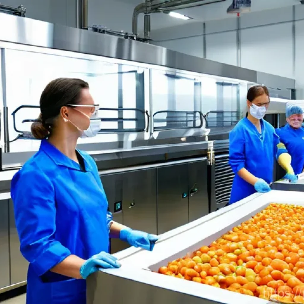 건조 식품 제조의 지속 가능성 논의 - **Prompt:** "A brightly lit, clean, and modern food processing facility in Poland, showcasing advanc...