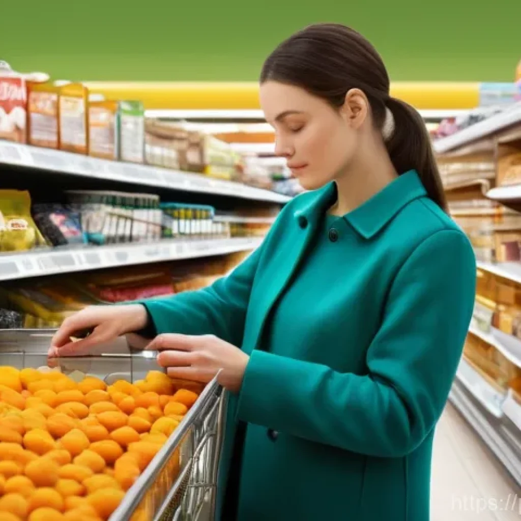 건조 식품의 소비자 교육과 마케팅 전략 - **A thoughtful Polish woman in a well-lit, modern supermarket aisle. She is carefully examining the ...