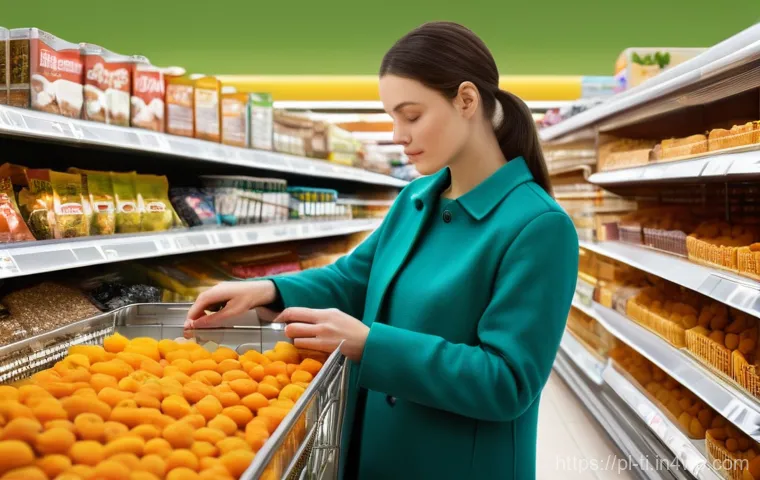 건조 식품의 소비자 교육과 마케팅 전략 - **A thoughtful Polish woman in a well-lit, modern supermarket aisle. She is carefully examining the ...