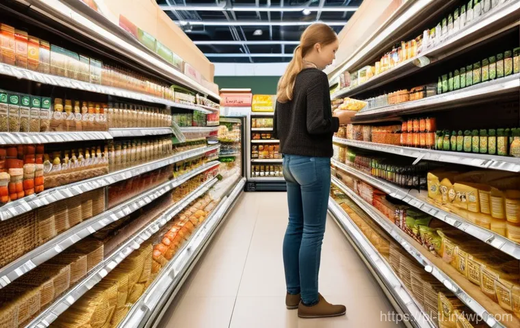 건조 식품 제조의 사회적 책임과 지속 가능성 - **Prompt:** "A brightly lit, modern supermarket aisle in Poland, showcasing a wide variety of dry fo...