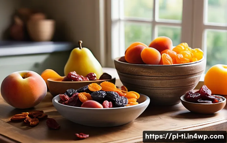 건조 식품의 영양학적 장점 분석 - A vibrant, close-up still life of assorted dried fruits and vegetables arranged on a rustic wooden t...