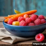 Home 21 건조 식품 제조의 미래와 새로운 가능성 - A close-up, vibrant image of freeze-dried fruits and vegetables displayed on a rustic wooden table, ...