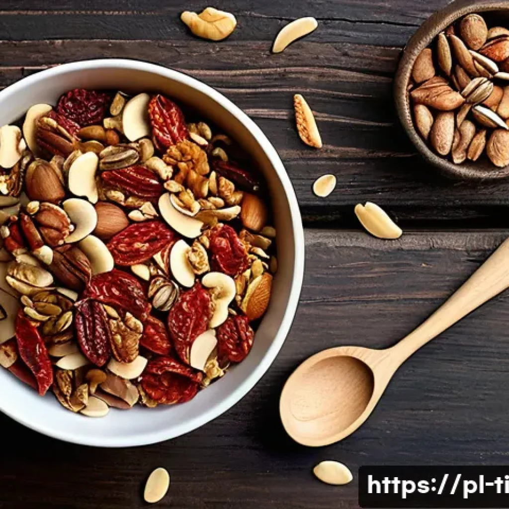 식사 대용으로 적합한 건조 식품 조합 - A vibrant and detailed flat lay of a healthy snack mix featuring dried tomatoes, dried apples, walnu...