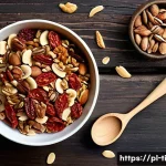 Home 20 식사 대용으로 적합한 건조 식품 조합 - A vibrant and detailed flat lay of a healthy snack mix featuring dried tomatoes, dried apples, walnu...