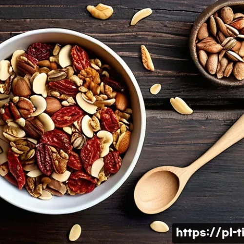 Home 32 식사 대용으로 적합한 건조 식품 조합 - A vibrant and detailed flat lay of a healthy snack mix featuring dried tomatoes, dried apples, walnu...