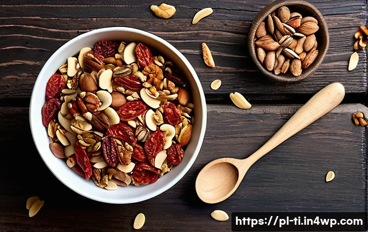 식사 대용으로 적합한 건조 식품 조합 - A vibrant and detailed flat lay of a healthy snack mix featuring dried tomatoes, dried apples, walnu...