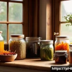 Home 19 건조 식품을 활용한 다양한 레시피 - A rustic kitchen scene featuring a wooden table with glass jars filled with colorful dried vegetable...