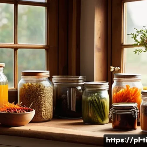Home 31 건조 식품을 활용한 다양한 레시피 - A rustic kitchen scene featuring a wooden table with glass jars filled with colorful dried vegetable...