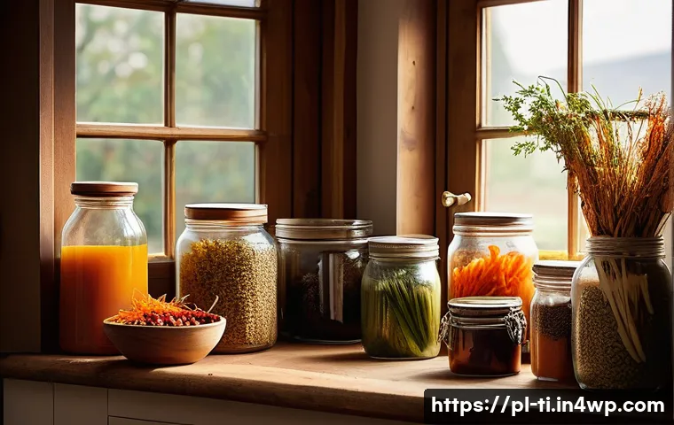 건조 식품을 활용한 다양한 레시피 - A rustic kitchen scene featuring a wooden table with glass jars filled with colorful dried vegetable...