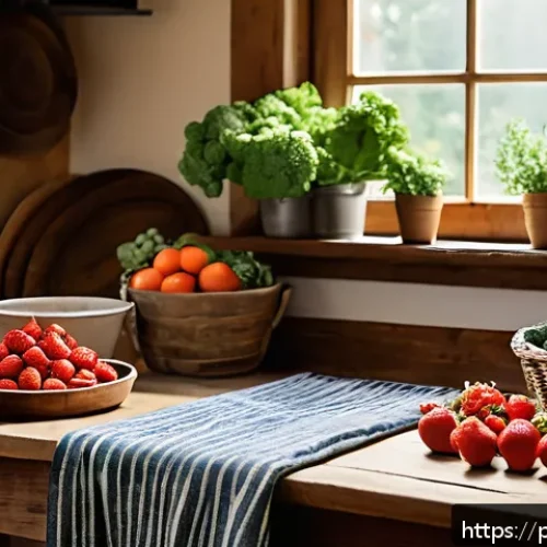 Home 30 건조 식품 제조에 대한 FAQ 정리 - A cozy rustic kitchen scene featuring a wooden table with freshly washed, vibrant fruits and vegetab...