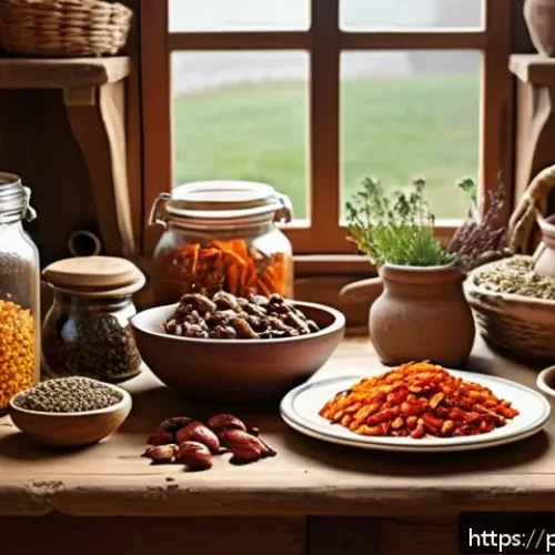 Home 17 건조 식품의 기능적 장점과 활용법 - A rustic Polish kitchen scene featuring a wooden table with an assortment of dried ingredients: sun-...