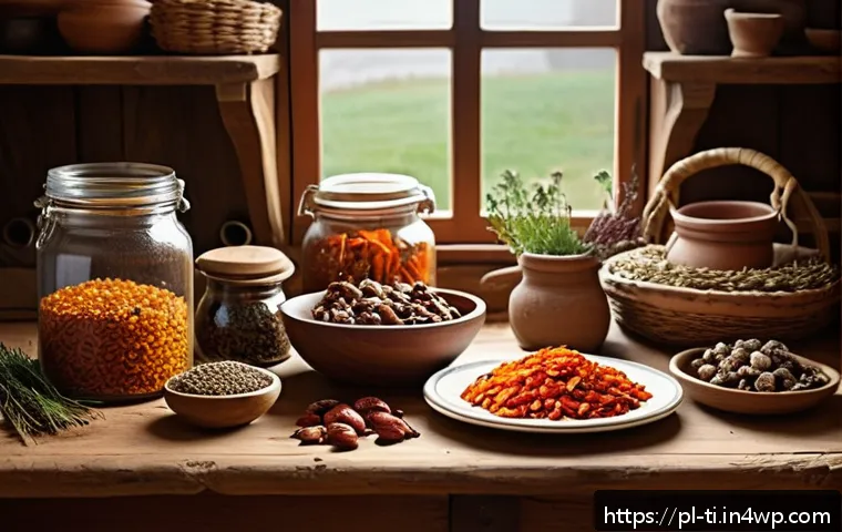 건조 식품의 기능적 장점과 활용법 - A rustic Polish kitchen scene featuring a wooden table with an assortment of dried ingredients: sun-...