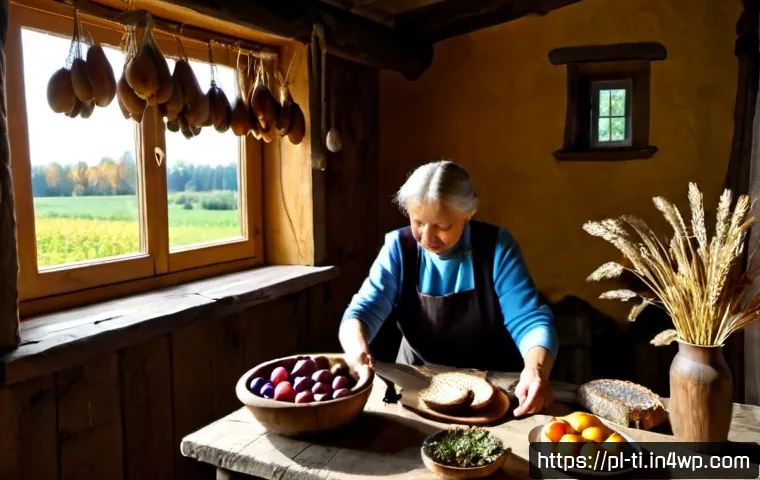 Home 17 건조 식품의 역사적 배경과 발전 과정 - Photorealistic historical still life of traditional food drying in rural Poland, rustic wooden farmh...