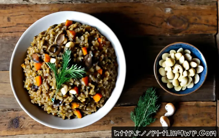 건조 식품을 활용한 특별한 요리 제안 - Photorealistic overhead food photography of a Polish-inspired barley risotto made with dried porcini...